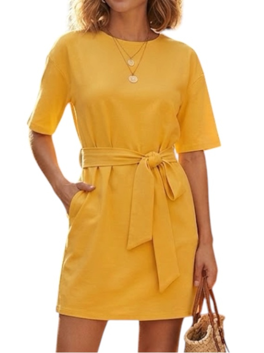 NWT BOOHOO Resortwear Y2K Structured Tie-Waist Dress Scoop Neck Mustard Yellow 4